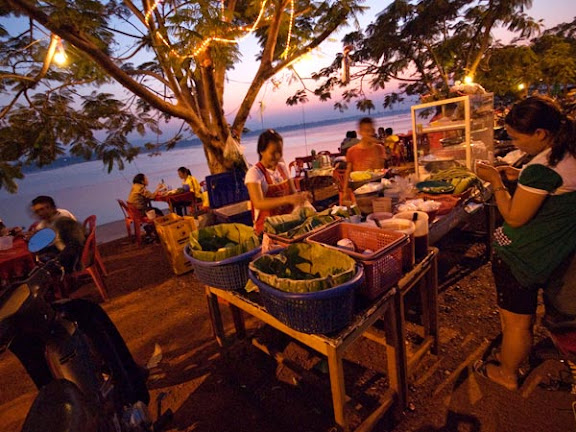 Laos, South region, Pakse, Southeast Asia, Travel Destination, Night resturant on the Mekong river bank