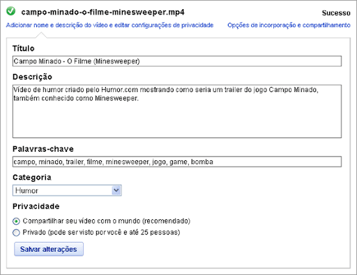 tela de edicao das propriedades do video