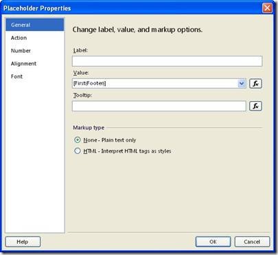 Placeholder properties window