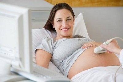 Woman looking at ultrasound monitor Woman looking at ultrasound monitor