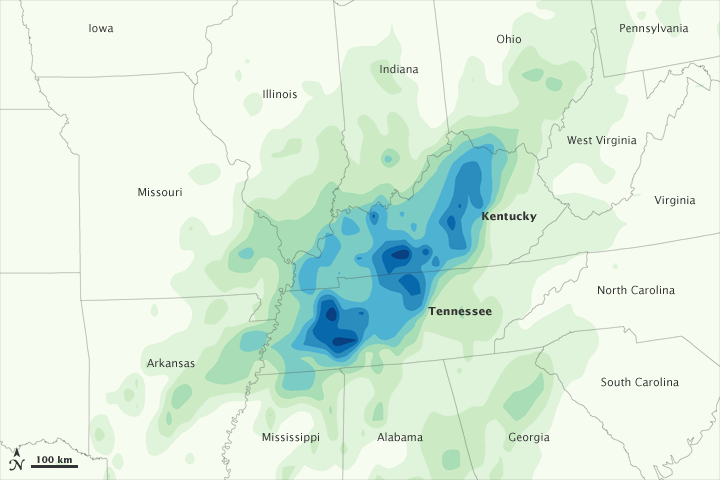 Tennessee and Kentucky rainfall totals between May 1 and May 3, 2010, as recorded by the Multi-satellite Precipitation Analysis, a near-real-time rainfall analysis based on rainfall measurements collected by the Tropical Rainfall Measuring Mission (TRMM) satellite. NASA Earth Observatory image by Jesse Allen, using near-real-time data provided courtesy of TRMM Science Data and Information System at Goddard Space Flight Center. 