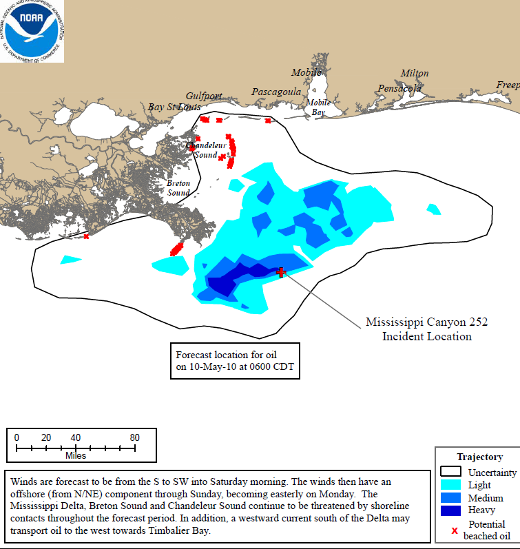 Projected oil spill path to 10 May 2010. Deepwater Horizon 72Hr Trajectory Map: The 72 hour trajectory forecast prepared by NOAA / NOS / OR&R.