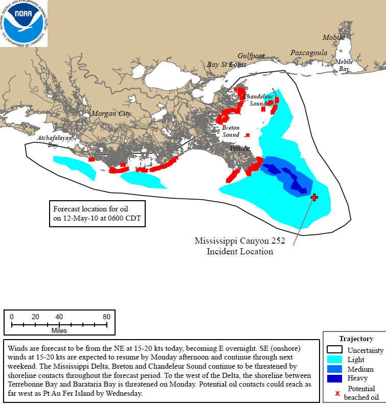 Projected oil spill path to 12 May 2010. Deepwater Horizon 72Hr Trajectory Map: The 72 hour trajectory forecast is prepared by NOAA / NOS / OR&R.