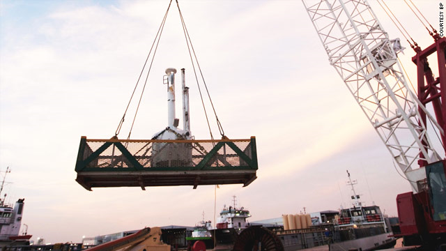 The 'top hat' oil spill container. BP built the second, smaller dome after a larger vessel developed glitches Saturday. CNN