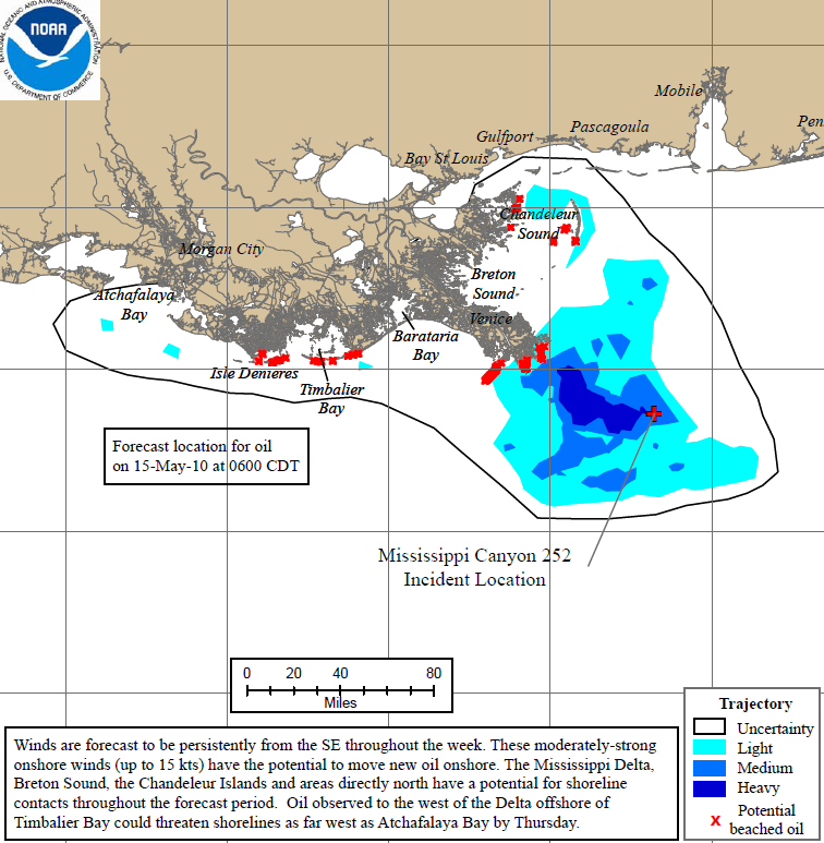 Projected oil spill path to 15 May 2010. Deepwater Horizon 72Hr Trajectory Map: The 72-hour trajectory forecast is prepared by NOAA / NOS / OR&R.