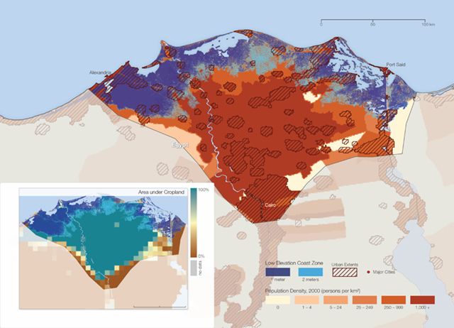 Nile delta, with sea level rises of 1 meter (dark blue) and 2 meters (light blue), along with population density (lighter to darker browns) and urban areas (hatching). Of the 40.2 million people here in 2000, 10.7 million would be inundated by a 2-meter rise. Inset shows distribution of farmlands. Center for International Earth Science Information Network, Columbia University