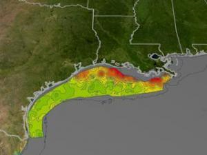 Mississippi dead zone in 2006. The increased frequency and intensity of oxygen-deprived "dead zones" along the world's coasts can negatively impact environmental conditions in far more than just local waters. (Credit: NASA / Goddard Space Flight Center Scientific Visualization Studio)