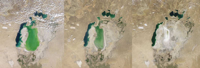 The Aral Sea, located in Kazakhstan and Uzbekistan in central Asia. Left: 2000. Middle: 2004. Right: 2009. Once one of the largest inland bodies of salty reservoirs in the world and the second largest sea in Asia, the Aral Sea has shrunk dramatically over the last 30 years. Credit: Images taken by the Moderate Resolution Imaging Spectroradiometer (MODIS) on NASA's Terra satellite. Courtesy of NASA's Earth Observatory.