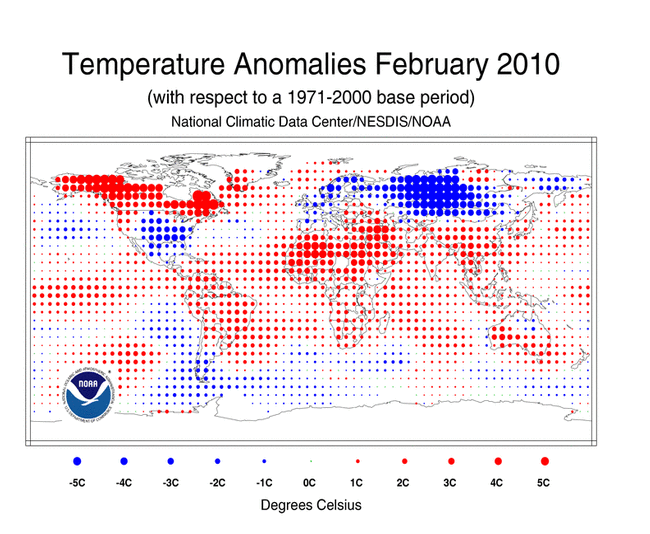 Temperature anomalies for February 2010 and December 2009 - February 2010 are shown on the dot map, which is a product of a merged land surface and sea surface temperature (SST) anomaly analysis developed by Smith et al. (2008). For the merged land surface and SST analysis, temperature anomalies with respect to the 1971-2000 average for land and ocean are analyzed separately and then merged to form the global analysis. NCDC / NESDIS / NOAA