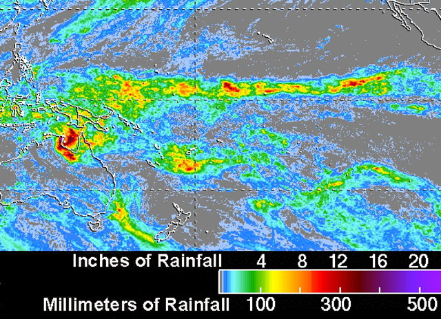 TRMM data was used to create a map of flooding left behind by Tropical Cyclone Paul in Australia's Northern Territory and Queensland. This image represents 7 days of rainfall ending April 2. Green and yellow indicates 100-200 mm (4-8 inches) of rainfall, orange and red colors indicate 225-300 mm (8-11.1 inches) of rainfall. Credit: NASA / SSAI, Hal Pierce 