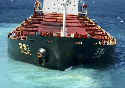Short cut... the Shen Neng 1, stranded on a shoal 70 kilometres east of Great Keppel Island and threatening the Great Barrier Reef. Photo: Wolter Peeters