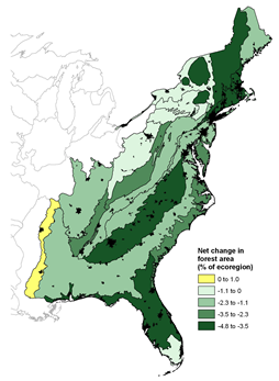 Map showing the net change in each of the 20 Eastern U.S. ecoregions for the forest cover type. Between 1973 and 2000, 105,437 km2 of land were converted to forest cover, while 142,480 km2 of forest were converted to non-forest cover. The result was a net loss of 37,044 km2 of forest cover, amounting to a 1.5 percent reduction in eastern forest area. landcovertrends.usgs.gov