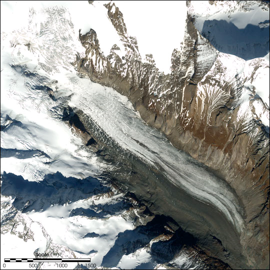 The Pasterze Glacier in western Austria has been receding since 1856. A combination of higher summer temperatures and lower winter snowfall is causing the retreat. Glaciers in nearby Switzerland receded more rapidly in 2003 than in any other year since annual measurements began in 1880. Image acquired on October 3, 2001. Image by Robert Simmon, NASA’s Earth Observatory