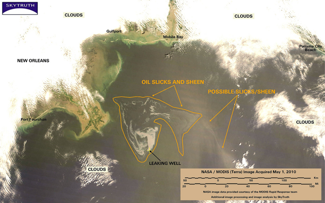 BP Deepwater Horizon oil spill NASA MODIS (Terra) image acquired 1 May 2010. 