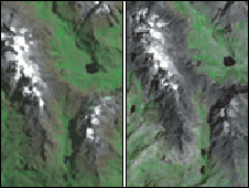 Uganda's Rwenzori Mountains in 1987 on the left and in 2005 on the right. The ice cap on Uganda's highest peak has split because of global warming, Uganda's Wildlife Authority (UWA) says. BBC