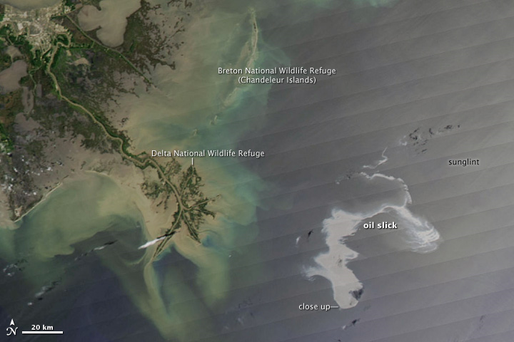 The oil spill from the Deepwater Horizon oil rig was captured on April 25 by the Moderate Resolution Imaging Spectroradiometer (MODIS) the NASA Aqua satellite. NASA image courtesy the MODIS Rapid Response Team.