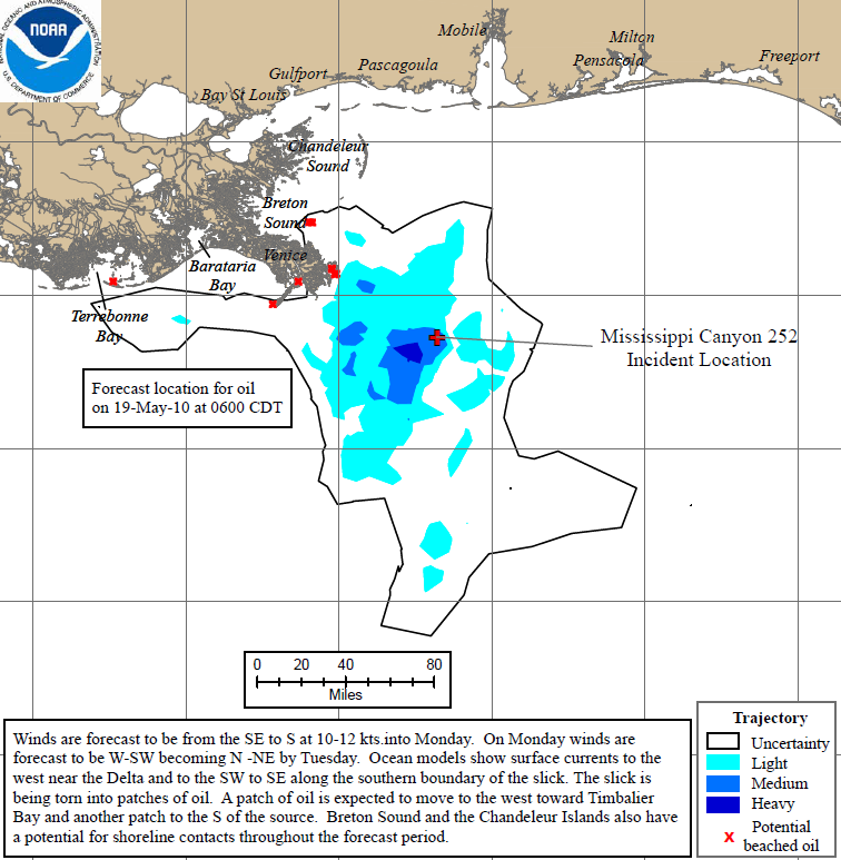 Projected oil spill path to 19 May 2010. Deepwater Horizon 72Hr Trajectory Map: The 72-hour trajectory forecast is prepared by NOAA / NOS / OR&R.