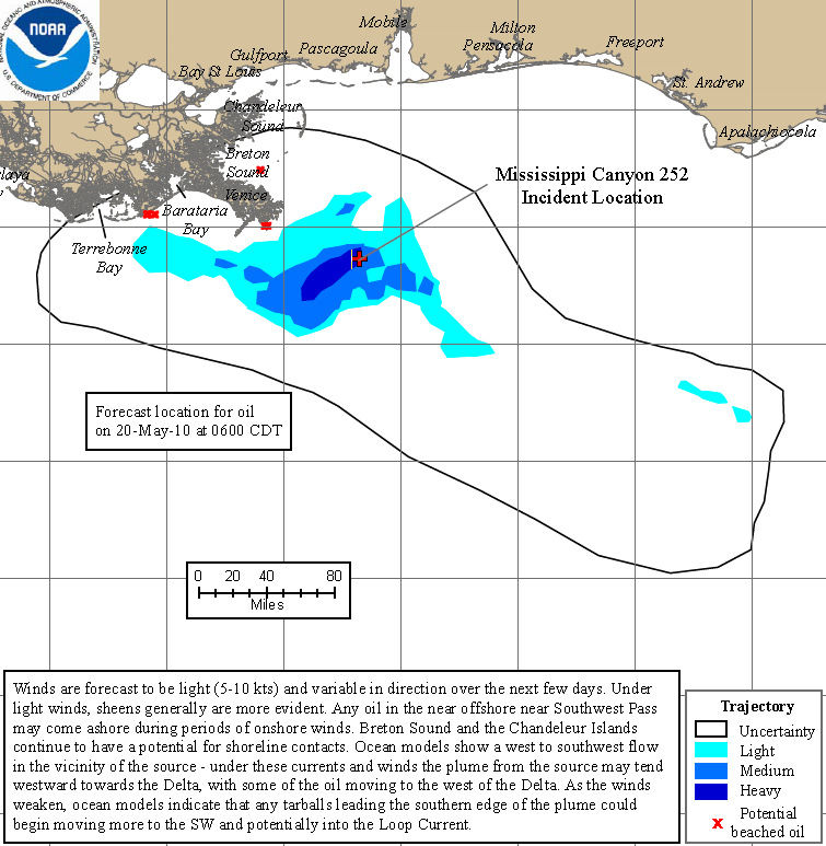 Projected oil spill path to 20 May 2010. Deepwater Horizon 72Hr Trajectory Map: The 72-hour trajectory forecast is prepared by NOAA / NOS / OR&R.