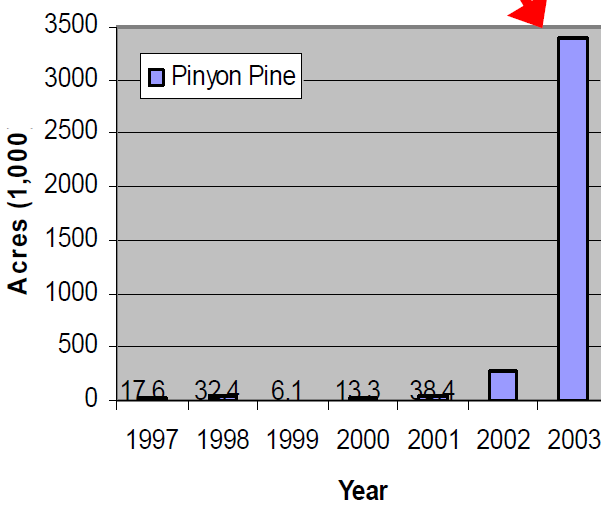 Acreage of pi&ntilde;on pine (Pinus edulis) dieback from 1997&ndash;2004 in the Four Corners States of Arizona, New Mexico, Colorado, and Utah. 