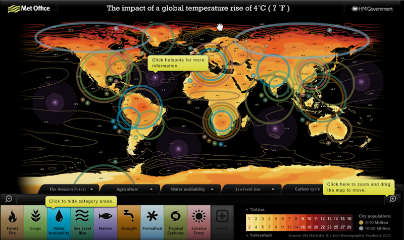 The impact of a global temperature rise of 4°C (7°F). Met Office Hadley Center