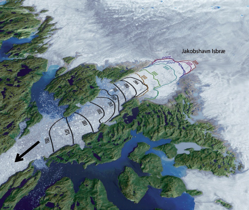 Jakobshavn Glacier in western Greenland has been rapidly losing ice from its terminus for more than a decade due to warm water currents reaching up the fjord. The arrow indicates direction of discharge, while the glacier retreats back towards the Greenland Ice Sheet. Source: NASA 2009