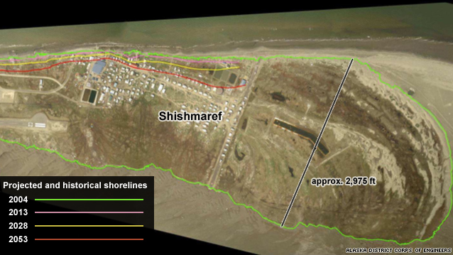 Shishmaref's coast has been eroding for years, but permafrost melt and thawing sea ice are making the shore more susceptible to erosion. The U.S. Army Corps of Engineers projects the sea will continue to eat its way into the town. CNN