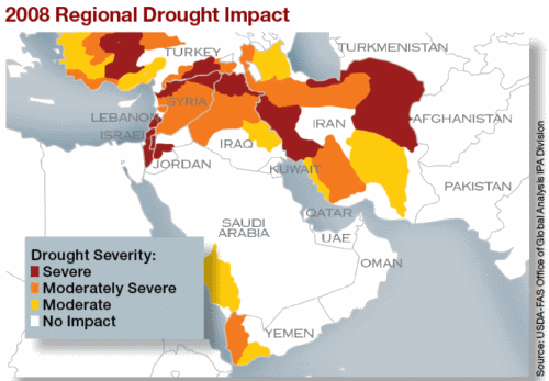 2008 Regional Drought Impact. The nations of the Middle East will be affected this year to varying degrees by drought caused by below-normal rainfall and low winter snowfall. Some governments have placed bans on grain exports, while others are severely reducing area planted to rain-fed and irrigated crops. The damage has been so devastating in some areas that countries are actually abandoning their agricultural programs. Farm Chemicals International