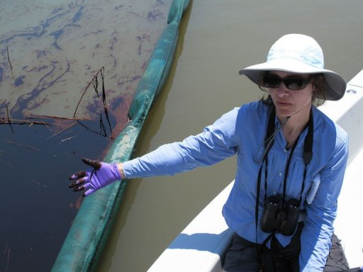 Angelina Freeman, a coastal scientist for the Environmental Defence Fund, in the marshes of Pass A Loutre, Louisiana. Oil from the BP Gulf oil spill has circumvented booms and penetrated deep into the wetlands. AFP