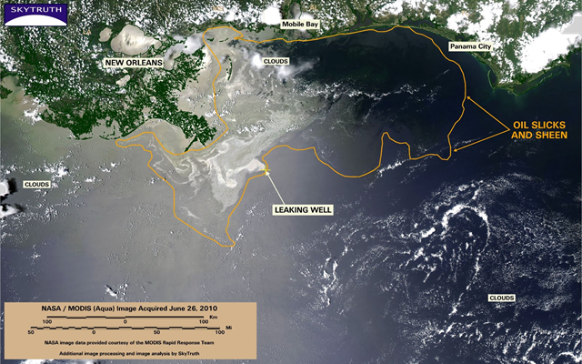 MODIS / Aqua satellite image taken June 26, 2010, showing the BP / Gulf oil spill, with SkyTruth analysis.