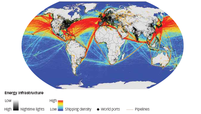 Global shipping routes, pipelines and world ports. Sources: Hadley Centre (2010), NCEAS (shipping routes1), FAO (ports2), GIS-Lab (pipelines3), NOAA (night-time lights). Lloyd's 360&deg; Risk Insight: SUSTAINABLE ENERGY SECURITY