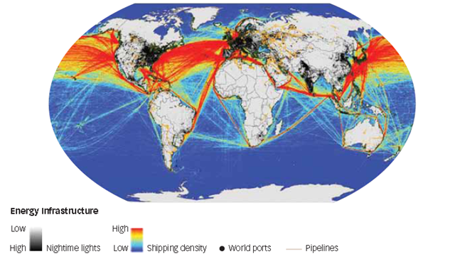 Global shipping routes, pipelines and world ports. Sources: Hadley Centre (2010), NCEAS (shipping routes1), FAO (ports2), GIS-Lab (pipelines3), NOAA (night-time lights). Lloyd's 360° Risk Insight: SUSTAINABLE ENERGY SECURITY
