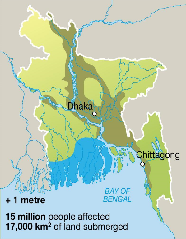Estimated effect of 1 meter of sea level rise in Bangladesh. Source: Dacca University / IPCC. insideout.org / WBUR