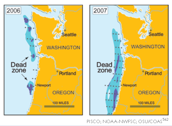 Pacific Coast Dead Zone, 2006 and 2007. PISCO; NOAA-NWFSC; OSU / COAS via globalchange.gov