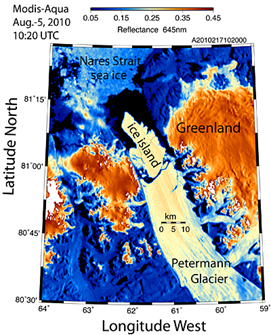 Satellite image from Aug. 5, 2010, shows the huge ice island calved from Greenland's Petermann Glacier. Courtesy of Prof. Andreas Muenchow, University of Delaware