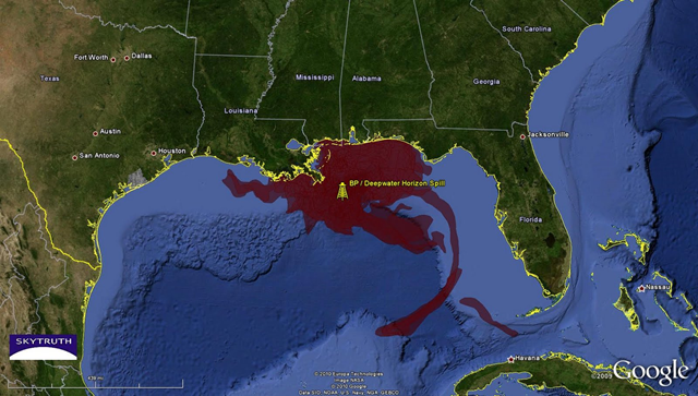 Map showing cumulative oil slick footprint from BP / Deepwater Horizon oil spill, based on satellite images taken between April 25 and July 16, 2010. SkyTruth