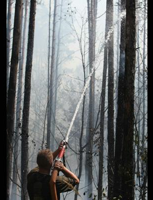A Russian firefighter sprays water on trees in a forest outside Voronezh on August 2, 2010. Russian President Dmitry Medvedev declared a state of emergency over the wildfires in seven Russian regions, in a decree that also restricted public access to the affected areas. Alexey SAZONOV, AFP / Getty Images