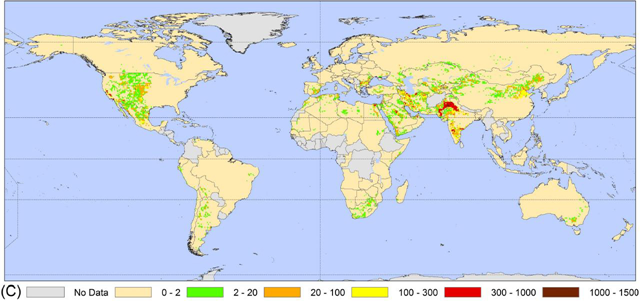 Global map of groundwater depletion, measured in cubic meters of water per year. Bierkens et al, 2010 
