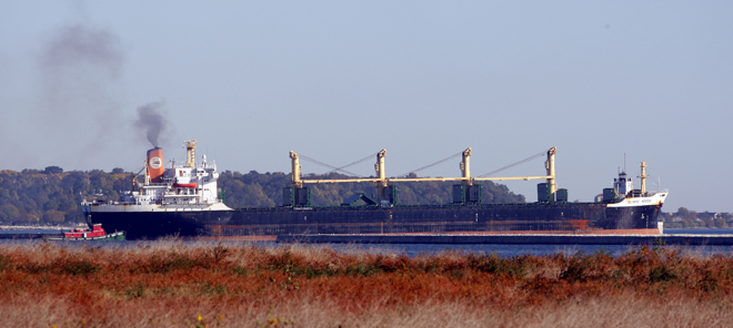 A tugboat pushes an oceangoing ship out of Milwaukee&rsquo;s harbor on Thursday, 30 September 2010. Such ships are known to carry invasive species. Tom Lynn