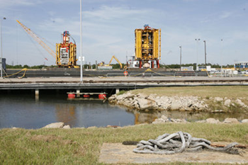 The Bureau of Ocean Energy Management, Regulation and Enforcement and U.S. Coast Guard show off the BP blowout preventer, which is lashed to a barge docked at the NASA Michoud Assembly Facility in eastern New Orleans Monday, September 13, 2010. nola.com