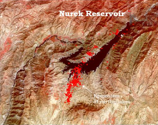 Earthquake epicenters around the Nurek Reservoir, Tajikistan. ateitop.proboards.com 