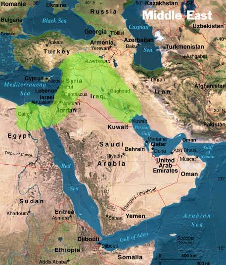The Fertile Crescent, highlighted here in green, was once the breadbasket of the Middle East. Now climate scientists say drought may render it barren. Source: Wikimedia Commons