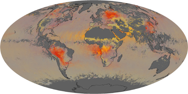 This map shows the global distribution of aerosols in August 2010, and the proportion of those aerosols that are large or small. Yellow areas are predominantly coarse particles, like dust and sea salt, while red areas are mainly fine aerosols from smoke or pollution. Gray indicates areas with no data. The brighter or more intense the color, the higher the concentration of aerosols. NASA map by Robert Simmon, based on MODIS data from NASA Earth Observations