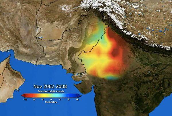 Groundwater depletion in India, 2002-2008. Data from NASA's GRACE satellites helps gauge groundwater fluctuations in northwestern India (pictured) and elsewhere. Image courtesy Trent Schindler and Matt Rodell, NASA / news.nationalgeographic.com
