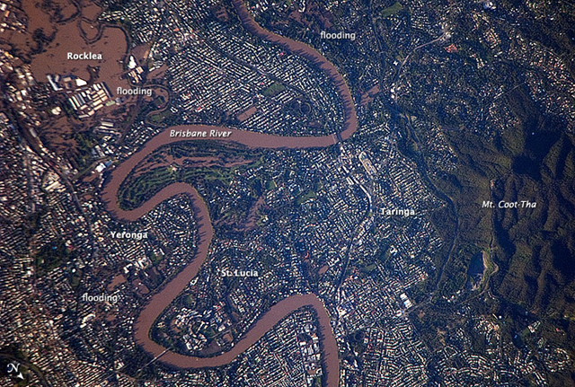 This detailed astronaut photograph illustrates flooding in suburbs of the Brisbane, Australia metropolitan region. The Brisbane area experienced catastrophic flooding following unusually heavy rainfall on January 10, 2011. NASA / JSC / Expedition 26 crew
