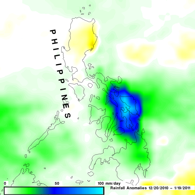 The TRMM-based, near-real time Multi-satellite Precipitation Analysis (TMPA) at the NASA Goddard Space Flight Center is used to monitor rainfall over the global Tropics. This image shows TMPA rainfall anomalies over the Philippines for the thirty-day period from 20 December 2010 to 19 January 2011. Image and Caption by Hal Pierce (SSAI/NASA GSFC)