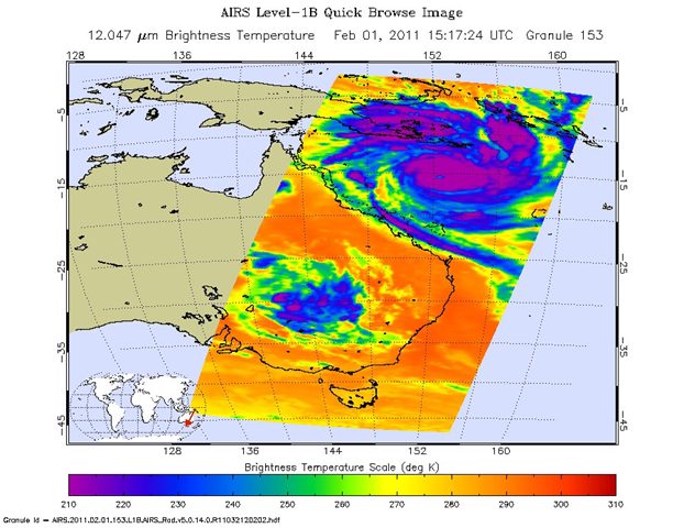 AIRS infrared image of Tropical Cyclone Yasi taken at 7:17 a.m. PST (10:17 a.m. EST) on Feb. 1, 2011. Areas colored purple represent the storm's coldest cloud-top temperatures and areas of heaviest precipitation. NASA / JPL-Caltech