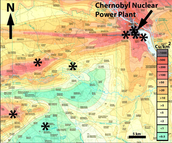 Background radiation (&micro;Sv/h) in the Chernobyl region and location of study sites for radiation stress on bird populations. M&oslash;ller, et al., 2011. Adapted from Shestopalov, 1996.