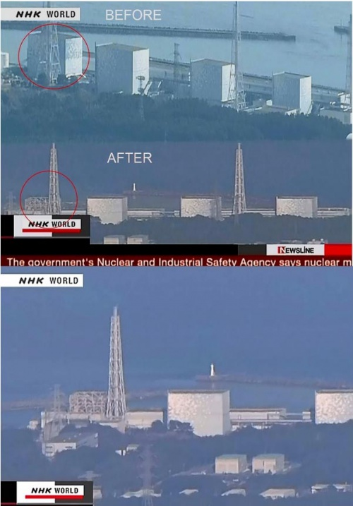 Before and after views of the Fukushima No. 1 power plant, following the explosion in the secondary containment building. NHK / zerohedge.com