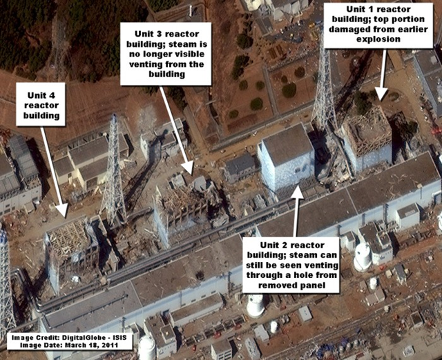 Satellite View of Fukushima Daiichi Nuclear Site, 18 March 2011. The most significant difference in the new image is the lack of any visible steam above the damaged reactor building for unit 3. Steam can still be seen venting out of a hole on the side of the unit 2 reactor building where workers removed a panel. DigitalGlobe / isis-online.org