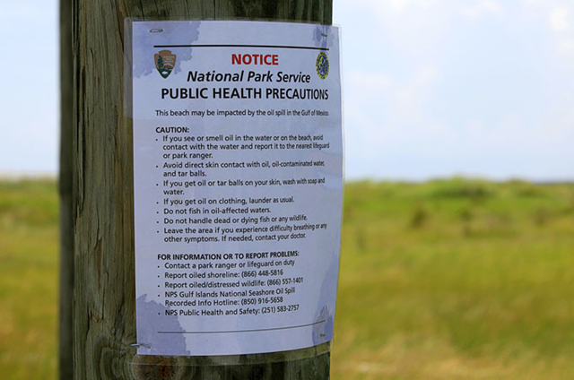 NOTICE: National Park Service Public Health Precautions. This beach may be impacted by the oil spill in the Gulf of Mexico. National and State Parks along the Gulf Coast have posted health warnings along the coast. Erika Blumenfeld / AJE